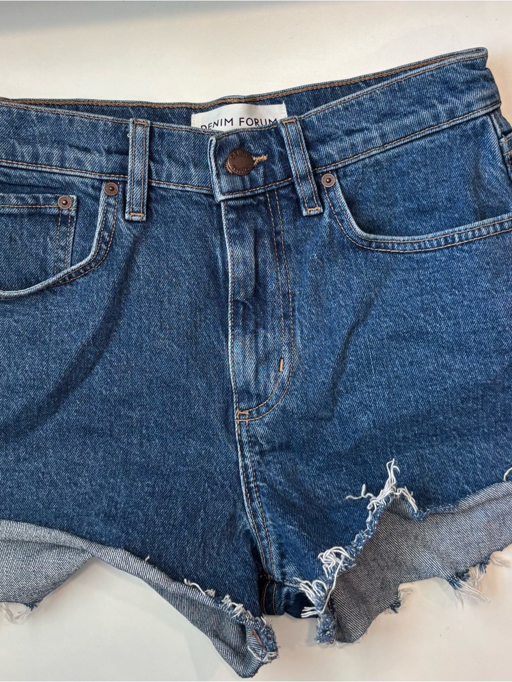 Denim Forum Dark Blue High-Rise Distressed Jean Shorts